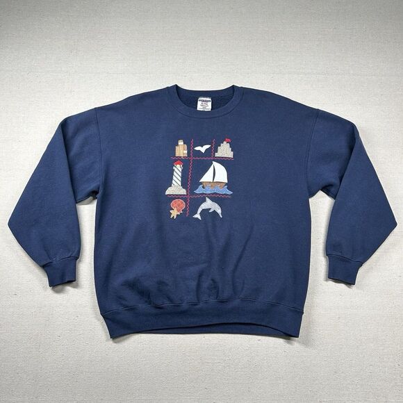 Vintage Jerzees Sweatshirt Mens XL Lighthouse Embroidery Nautical Ocean‎ Beach - Picture 1 of 10